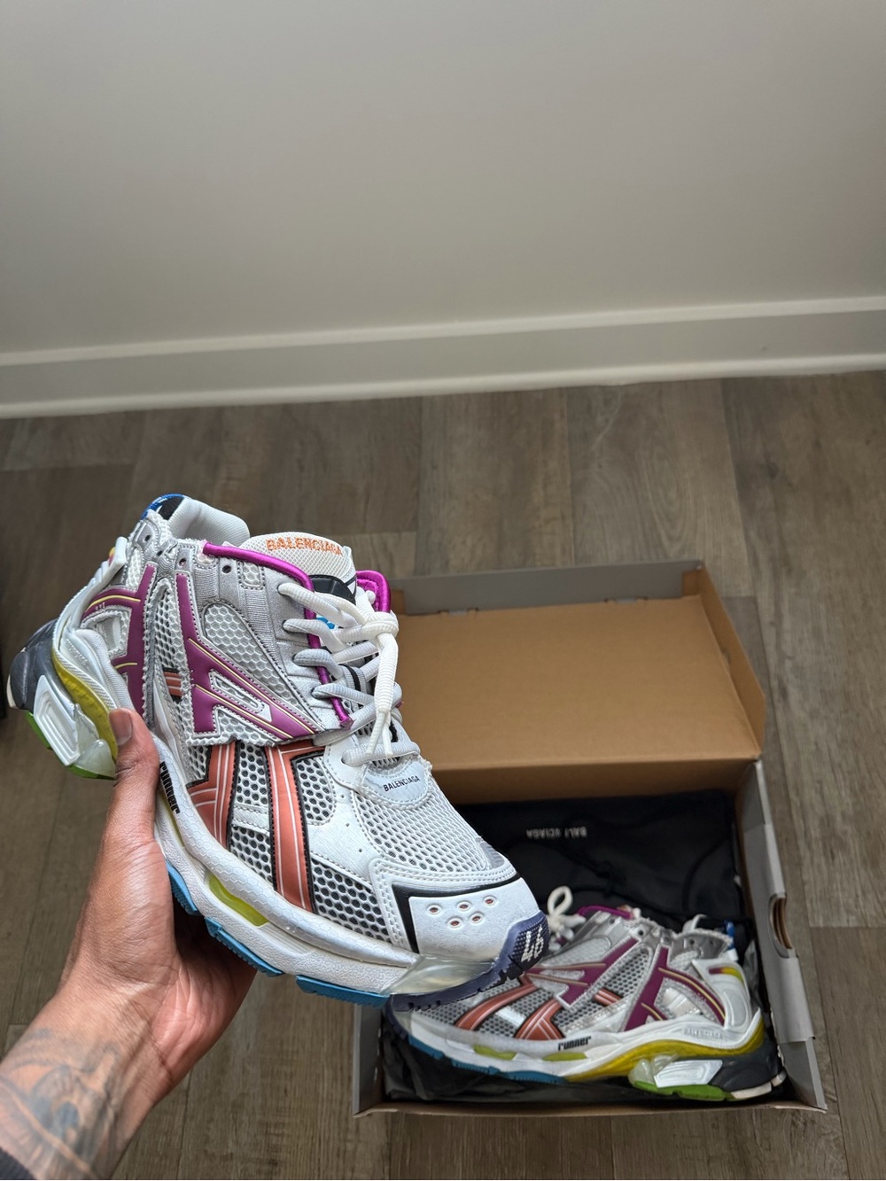Balenciaga Multi-Color White Mesh Runner Sneakers with Pink & Orange Panels